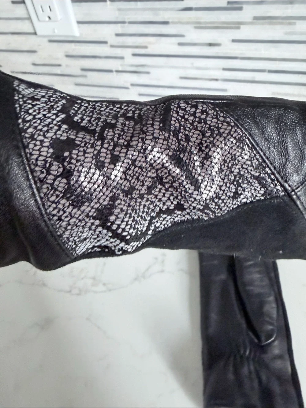 Leather and Suede Reptile-Accent Gloves - Black